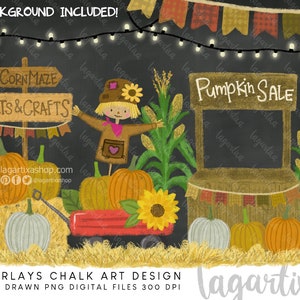 Op de afbeelding: Een krijttekening van een herfstfestival met een vogelverschrikker, pompoenen, maïsstengels en een bord met de tekst "Pompoenverkoop". Er is ook een bord met de tekst "Maïskolven Kunst & Ambacht".