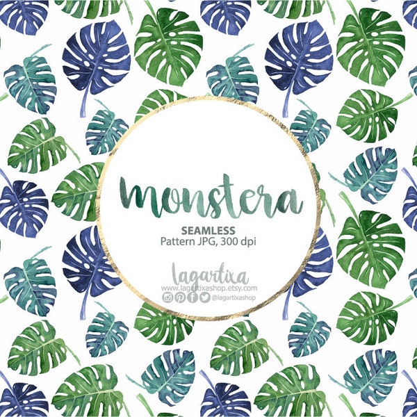 Tropical Seamless Pattern green leaves blue Monstera hand painted watercolor Digital paper, bakground for blog scrapbooking cards, fabric