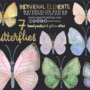 Schmetterlinge, Aquarell, handgemalt und Goldglitzer | Handgezeichnete Sublimationsbilder | PNG-Design | Digitaler Kunst-Download | Bilder Einladung