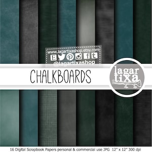 Pode incluir: 16 papéis digitais para scrapbooking com tema de quadro-negro. Os papéis são em tons de verde e cinza com uma textura sutil. Os papéis medem 30,5 cm x 30,5 cm e 300 dpi.