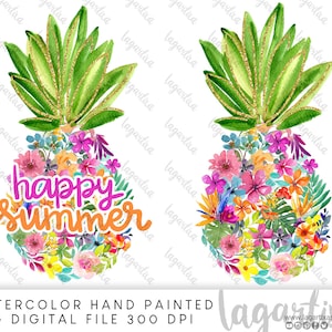 Summer Sublimation  Floral Pineapple Watercolor clipart PNG hand painted, gold glitter, beach tropical images, modern instant download