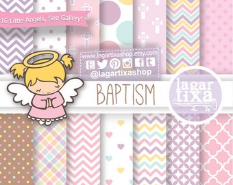 Angel Baptism Bundle Clip art Digital Paper Pink Purple Cute Angels Praying Latin Afroamerican Blonde Hearts Crosses Lagartixa Shop Art