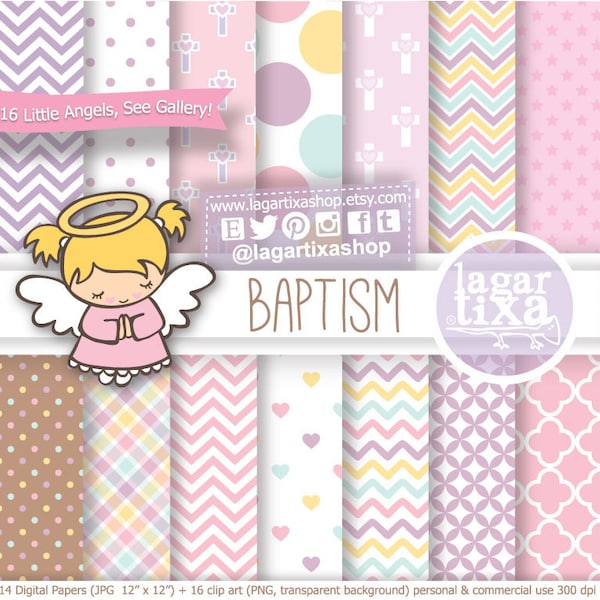 Angel Baptism Bundle Clip art Digital Paper Pink Purple Cute Angels Praying Latin Afroamerican Blonde Hearts Crosses Lagartixa Shop Art