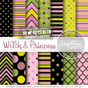 May include: Set of 14 digital scrapbook papers featuring a variety of patterns in pink, green, black, and yellow. The patterns include polka dots, stars, stripes, hearts, and chevron. The text "Witch & Princess" is at the top of the image.