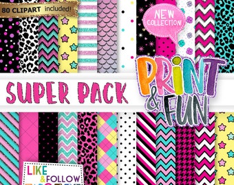 Dolls Digital Paper, Pink, turquoise, purple, dots, Backgrounds, Patterns, Hot Pink, Fuchsia, Black, dark argyle, chevron, party ideas girls