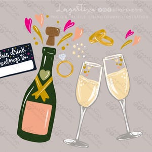 Explodierende Sektflasche, Hochzeitsgläser und Ringe, Kreidezeichnung, herunterladbare PNG-Datei für Hochzeitsthermoskannen
