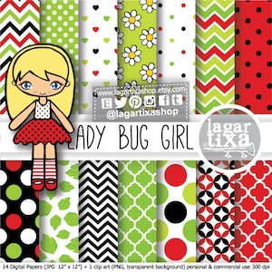 May include: A set of 14 digital papers featuring a variety of patterns in red, green, black, and white. The patterns include polka dots, leaves, chevron, and geometric designs. The papers are 12 inches by 12 inches and are 300 dpi. The set also includes a clip art image of a ladybug girl.
