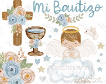 Baby Angels Boy Blue Watercolor Baptism Floral Cross PNG Clip art Clipart Holy Spirit Holy Water Font stars Flowers, Praying Angels in Cloud