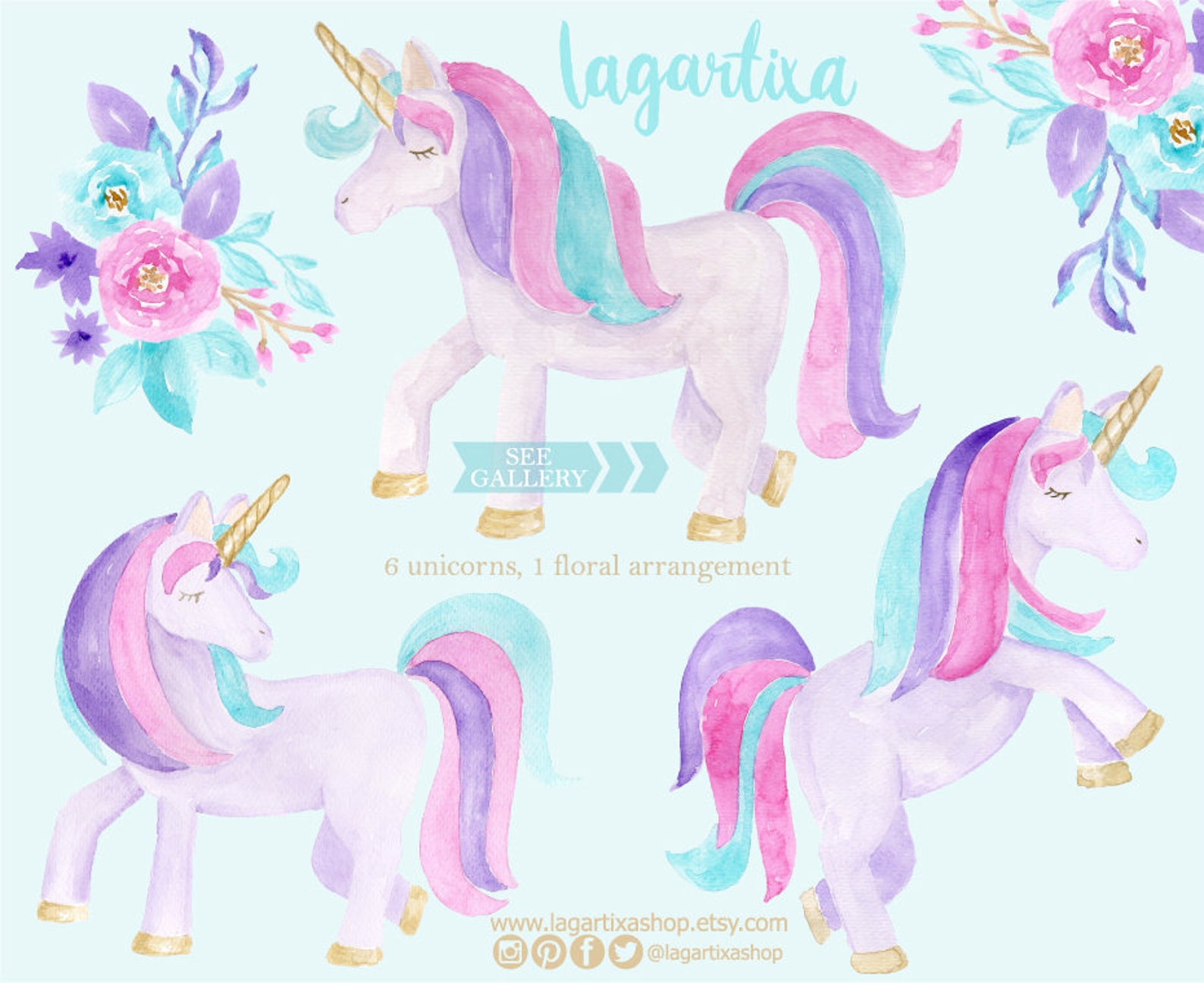 Pastel Watercolor Unicorn Clip art floral runing hand image 0.