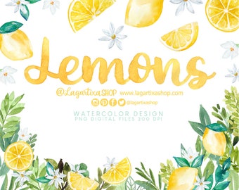 Lemons Greenery watercolor Yellow Hand Painted Clipart PNG design, cards, invitaciones, labels, citrics, slices, Digital art, for logos
