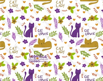 Seamless Watercolor cat lady cat mom cute cats and Florals hand painted Digital Paper, patterns, purple  mother’s day , invitations