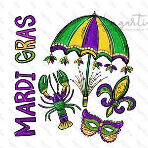 Mardi Gras Design | Parapluie Homard fleur de Lis Sublimation Masque d’Art Numérique Carnaval | PNG art dessiné à la main | Paillettes | Téléchargement numérique