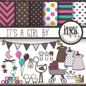 Baby Shower Mädchen Cigueña | Digitale Papierhintergründe Bilder Clip Art Carreola Ropita Banner Ballons Mobile Entlein Cart Safe Pink Cafe