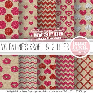 Glitter Kraft, Papel Digital, Fondos San Valentin, corazones, besos, corazones rosas, rojo, chevron, rosa fucsia, invitaciones by Lagartixa