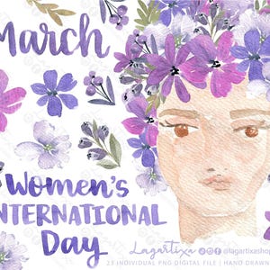 Cara Mujer con Flores en acuarela violeta, Marzo 8 M, PNG pintado a mano, Fuerza, Resiliencia y Unidad en el Día Internacional de la Mujer