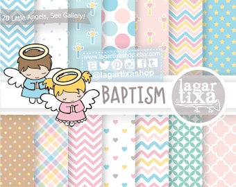 Baptism Angels Twins Clipart png Baptism Girl Boy Pink BLue Super Bundle 14 Digital Papers Latin Afroamerican Blonde Chevron Hearts Patterns