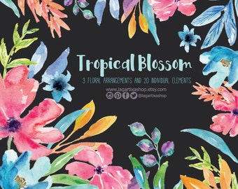 Tropical Modern Watercolor Flowers clipart, Floral PNG, wedding bouquet, arrangement frames, blue flowers, bridal shower, for blog banner