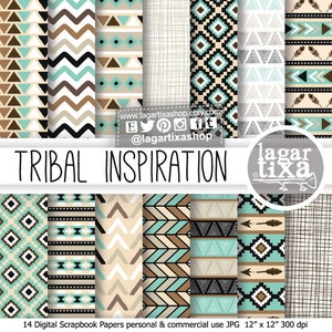 Könnte beinhalten: Ein Set mit 14 digitalen Scrapbook-Papieren mit tribal inspirierten Mustern in Braun-, Beige-, Türkis- und Schwarztönen. Die Papiere sind 30,5 cm x 30,5 cm groß und haben eine Auflösung von 300 dpi.