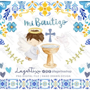 Aquarela de batismo de anjo, azulejos amarelos azuis pintados à mão, pilha de batismo, bebê menino cruzando eventos religiosos de páscoa, Espírito Santo, oração, arte