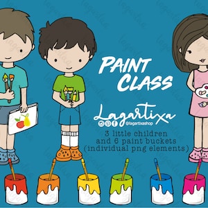 Puede incluir: Tres niños de dibujos animados, dos niños y una niña, están participando en una clase de pintura. La niña está sosteniendo una paleta de pintura y un pincel. Los niños están sosteniendo pinceles y una tableta de dibujo. Hay seis cubos de pintura en la imagen, cada uno con un color de pintura diferente. El texto "PAINT CLASS" y "Lagartixa" es visible en la imagen.