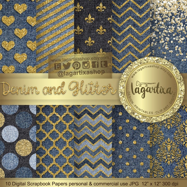 Denim Gold Glitter Digital Paper, Jeans, Rustic, Fashion, Glamour, Country, Backgrounds, textures, Textil, fabric
