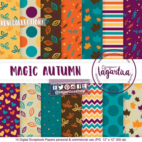 Autumn, Purple, teal, orange, brown, girl Digital paper, Patterns, leaves, autumn, fall, patterns, polka dots, stripes, chevron, backgrounds