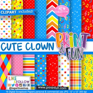 Fondos Digitales Payaso Circo Papel Digital Arcoiris Candyland Fiesta Infantil Estrellas Rayas Puntos grandes pequeños Rojo amarillo azul