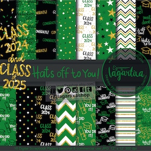 Abschlussmuster Klasse 2024 2025 Digitales Papier Schwarz Grün Gold Glitzerkappe Diplomstreifen, Tupfen, Chevron, Sterne, Konfetti