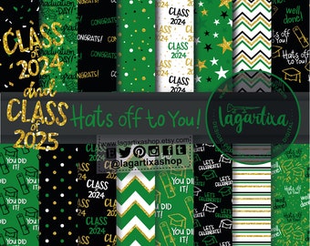 Graduation Patterns Class of 2024 2025 Digital Paper Black Green Gold Glitter Cap Diploma stripes, polka dots, chevron, stars, confetti