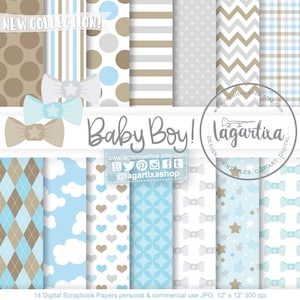 Baby Shower Baby Blue Bow patterns Beige, Stars Cloudes Hearts Baptism, Digital Paper, Clipart Chevron Polka dots, First Communion new born