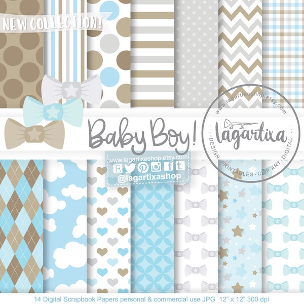 Baby Shower Baby Blue Bow patterns Beige, Stars Cloudes Hearts Baptism, Digital Paper, Clipart Chevron Polka dots, First Communion new born