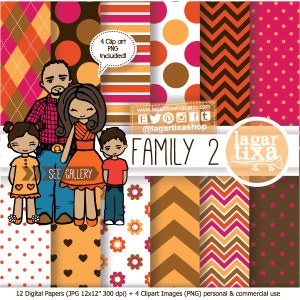 Familia Monitos, Clipart y Papel Digital, Fondos Rojo, Rosa, Naranja, Café, Papá Vaquero, Mamá, Niña, niño, PNG para tarjetas