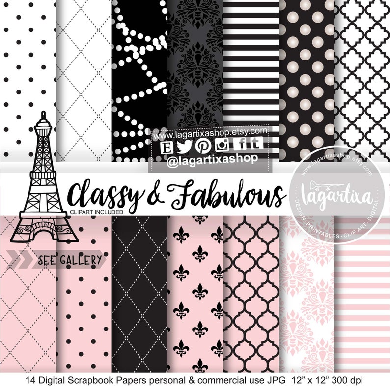 Paris Eiffel Tower Patterns, Sublimation Digital File Pale Pink, Black, White, Classy, glamour For Party Printables, Baby Shower, Birthday image 1