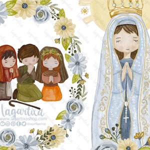Nuestra Señora de Fátima, Rosario Virgen de los Niños Acuarela Clipart PNG pintada a mano, flores, para Bautizo, Santitos, Primera Comunión