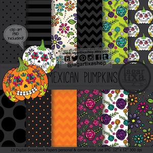 Halloween, Tag der Toten, Tradition Mexiko, Blumen, Geschmückte Kürbisse, Katrinen, Totenaltar, Kartenhintergründe, Einladungen, Cliparts