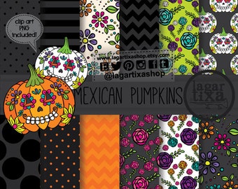 Halloween Jack O, Day of the Dead, Dia de Muertos Mexico Altares de Muertos Mexican Pumpkins Catrinas Flowers Clipart Digital Paper Patterns