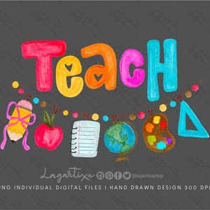 Teach Love Inspire Books Teacher Sublimation Image PNG Digital file, hand drawn clipart for original gifts, school decorations Digital Print