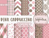 Pink Digital Paper Baby Girl Patterns Pale Pink Brown Scrapbooking baby shower invitations backgrounds it's a girl stars hearts damask dots