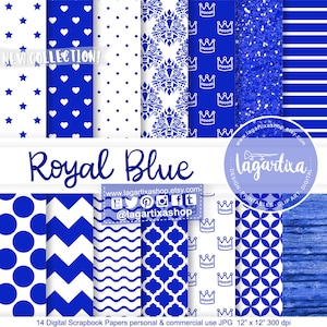 Op de afbeelding: Een set van 14 digitale scrapbook-papieren in een koninklijk blauw en wit kleurenschema. De papieren bevatten verschillende patronen, waaronder stippen, sterren, harten, kronen en geometrische ontwerpen. De papieren zijn 30,5 cm bij 30,5 cm en 300 dpi.