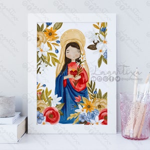 Immaculate heart of the Virgin Mary PRINT JPG 8.5 x 11 A4 Hand Painted Watercolor, Instant Download  Baptism, First Communion Religious