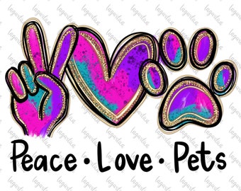 Peace Love Pets Doodles disegnati a mano File digitali Sublimazione Animali Dottore Gatti Cani Gatti Animali Rosa Blu Turchese Zampe cuore T-shirt Design