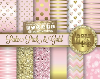 Gold Pale Pink  Digital Paper Background Patterns Chevron Polka dots hearts bokeh ombre Scrapbooking Blog invitations thank you cards