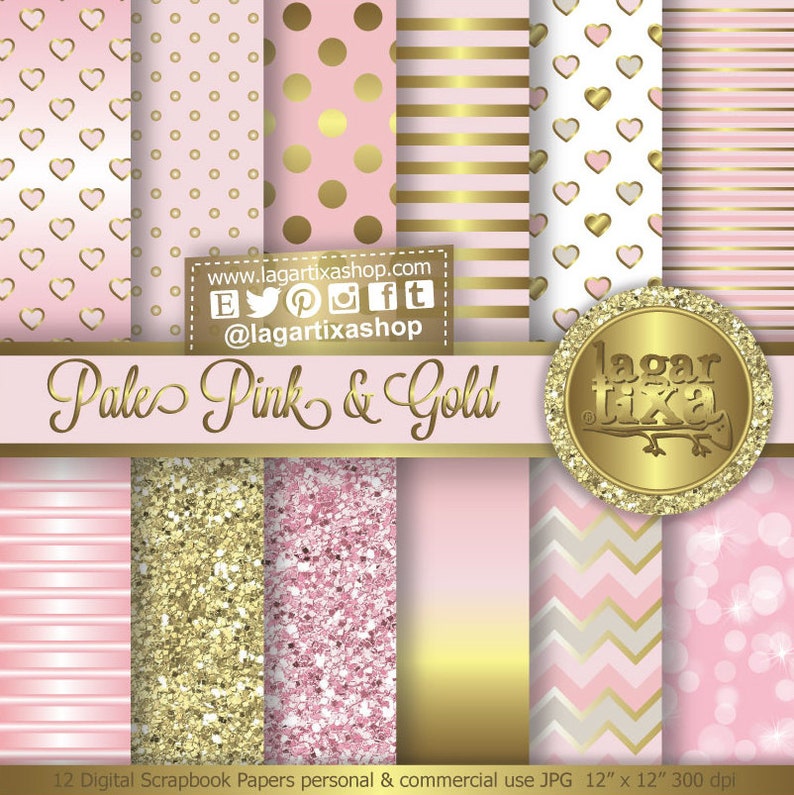 Gold Pale Pink  Digital Paper Background Patterns Chevron Polka dots hearts bokeh ombre Scrapbooking Blog invitations thank you cards 