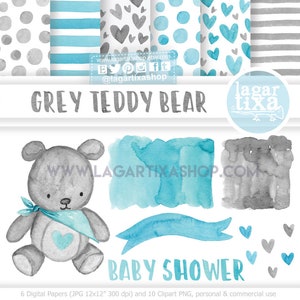 Grey and Baby Blue Teddy bear  Watercolor Clip art and Digital Papers, hand painted, patterns, baby shower, polka dots, stripes, backgrounds