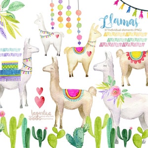 May include: Watercolour illustrations of llamas with colourful details, including flowers, cacti, and geometric patterns. The text "Llamas 37 Individual elements (PNG)" is included in the image.