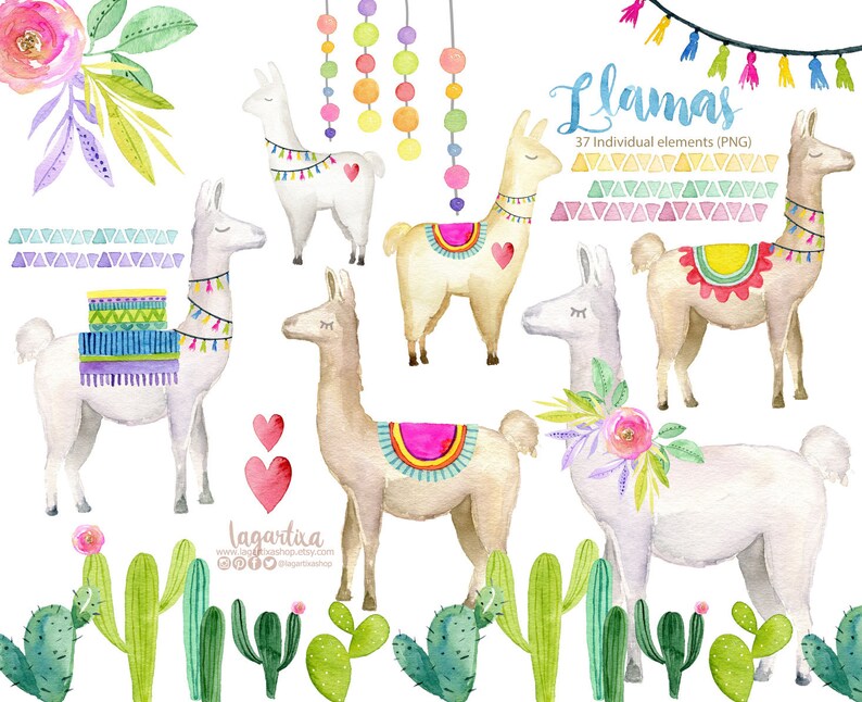 May include: Watercolour illustrations of llamas with colourful details, including flowers, cacti, and geometric patterns. The text "Llamas 37 Individual elements (PNG)" is included in the image.