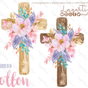 Cruces Bautizo En Acuarela, flores rosas, clipart, PNG, Bouquet de flores para Boda Primera Comunion Pascua pintada a mano Arte lagartixa