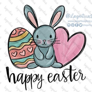 Lapin de Pâques gris et coeur d’œufs colorés Dessin fait à la main pour sublimer ou DTF Téléchargement instantané fichier numérique PNG