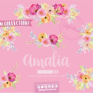 May include: A watercolor clipart set featuring a floral arrangement with pink, yellow, and purple flowers. The text "NEW COLLECTION!" and "Amalia" are also included in the image. The text "SEE GALLERY" and "HAND PAINTED WATERCOLOR CLIPART" are also included in the image. The text "www.lagartixashop.etsy.com" and "@lagartixashop" are also included in the image.