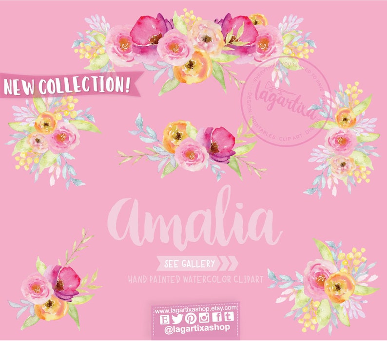 May include: A watercolor clipart set featuring a floral arrangement with pink, yellow, and purple flowers. The text "NEW COLLECTION!" and "Amalia" are also included in the image. The text "SEE GALLERY" and "HAND PAINTED WATERCOLOR CLIPART" are also included in the image. The text "www.lagartixashop.etsy.com" and "@lagartixashop" are also included in the image.